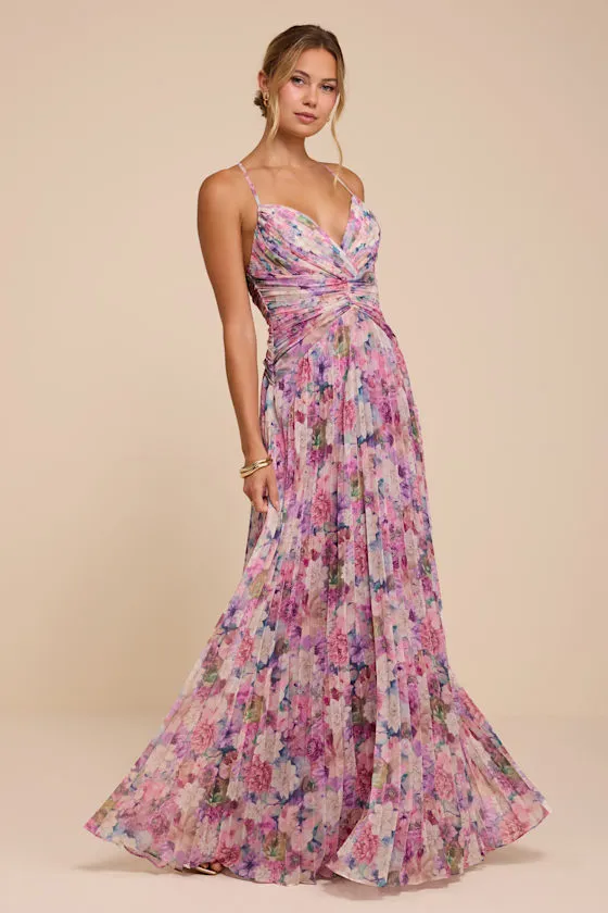 Corella Purple Floral Pleated Backless Maxi Dress sold by Lulus