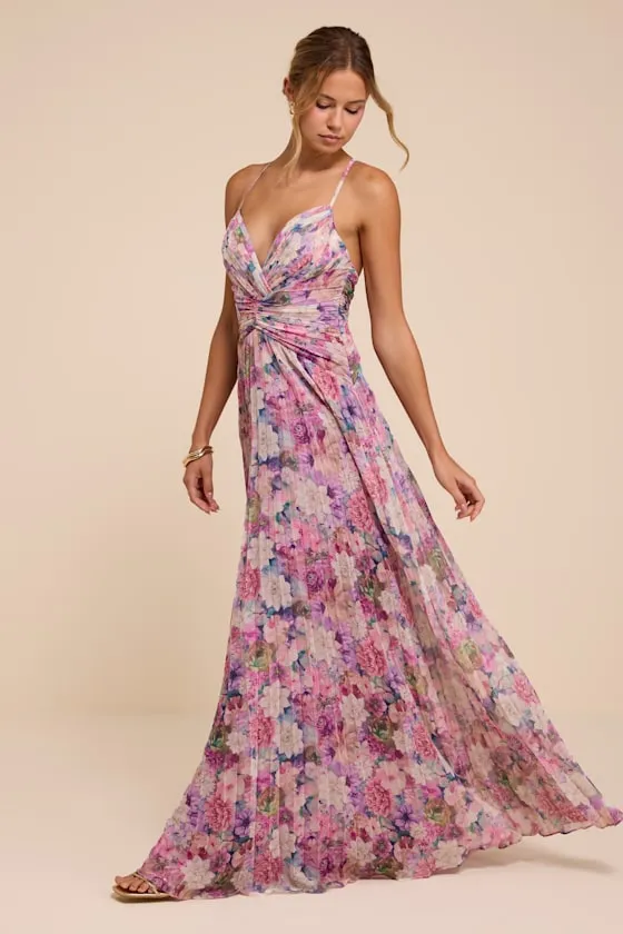 Corella Purple Floral Pleated Backless Maxi Dress sold by Lulus product image thumbnail 4