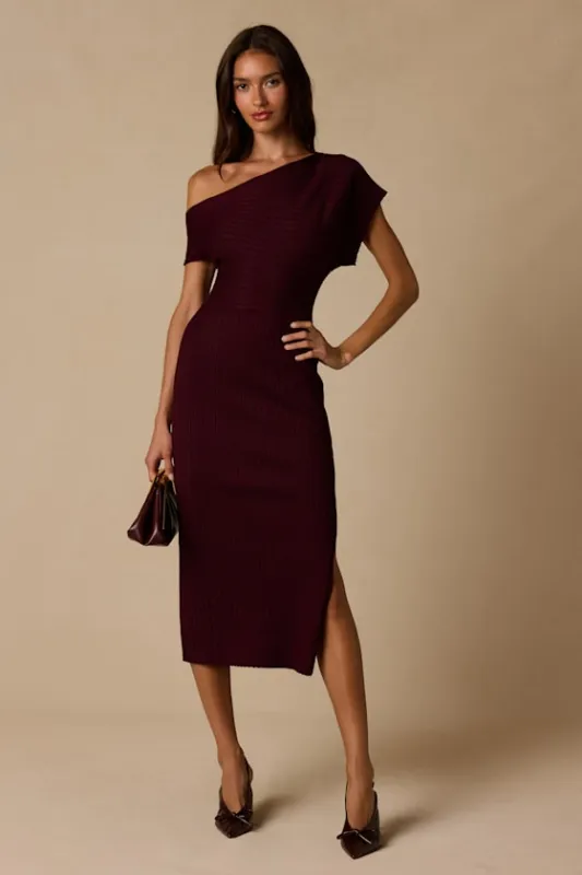 Brady Burgundy Ribbed Off-the-Shoulder Sweater Midi Dress made by Lulus