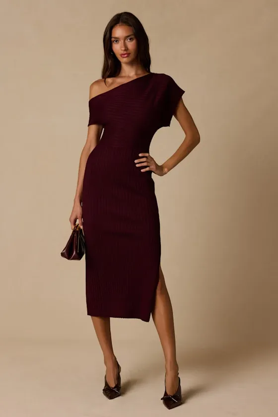 Brady Burgundy Ribbed Off-the-Shoulder Sweater Midi Dress sold by Lulus
