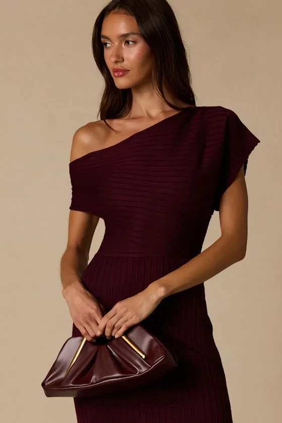 Brady Burgundy Ribbed Off-the-Shoulder Sweater Midi Dress sold by Lulus product image thumbnail 2