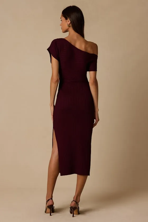 Brady Burgundy Ribbed Off-the-Shoulder Sweater Midi Dress sold by Lulus product image thumbnail 3
