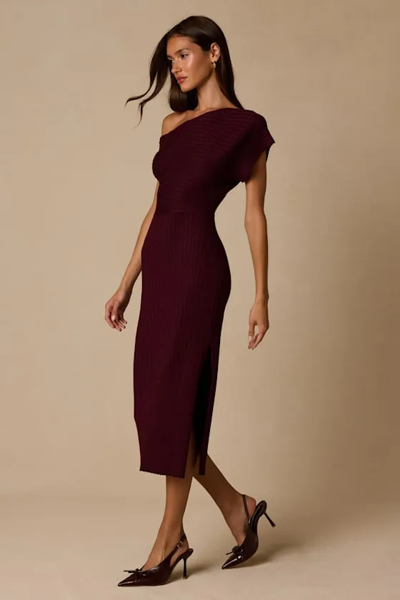 Brady Burgundy Ribbed Off-the-Shoulder Sweater Midi Dress sold by Lulus product image thumbnail 4