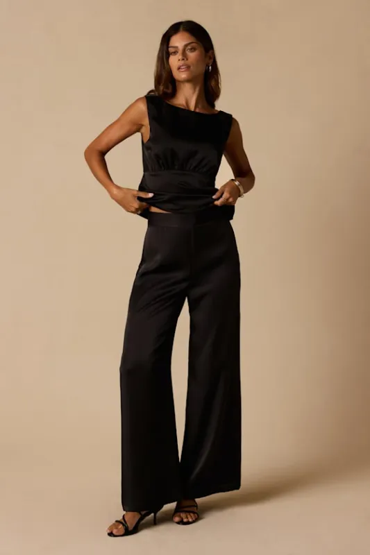 Thriving Vibes Black Satin Wide-Leg Pants made by Lulus