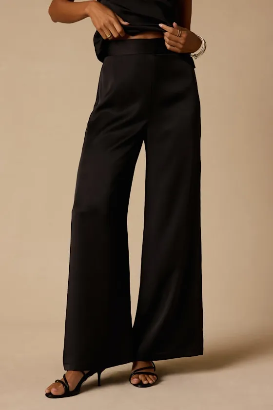 Thriving Vibes Black Satin Wide-Leg Pants sold by Lulus product image thumbnail 2