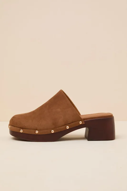 Chipper Cognac Suede Platform Clogs made by Madden Girl