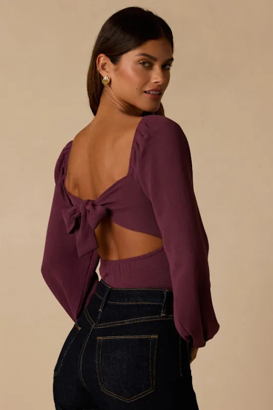 Abundance of Love Purple Textured Long Sleeve Tie-Back Bodysuit made by Lulus