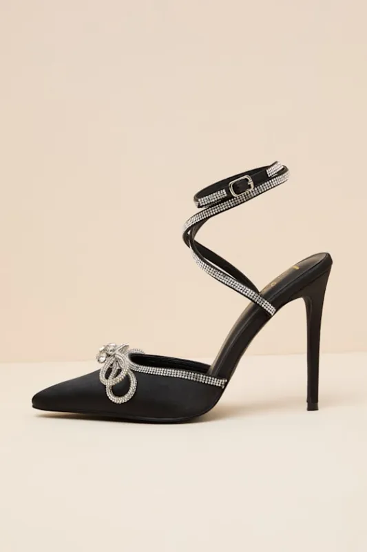 Lullie Black Satin Rhinestone Ankle Strap Pointed-Toe Pumps made by Lulus