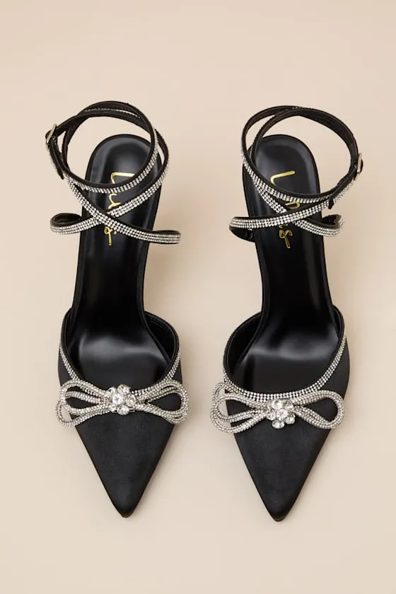 Lullie Black Satin Rhinestone Ankle Strap Pointed-Toe Pumps sold by Lulus product image thumbnail 2