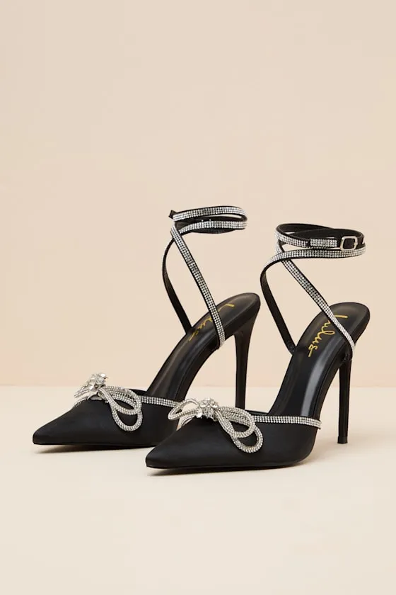 Lullie Black Satin Rhinestone Ankle Strap Pointed-Toe Pumps sold by Lulus product image thumbnail 3