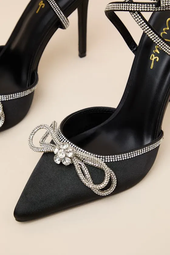 Lullie Black Satin Rhinestone Ankle Strap Pointed-Toe Pumps sold by Lulus product image thumbnail 4