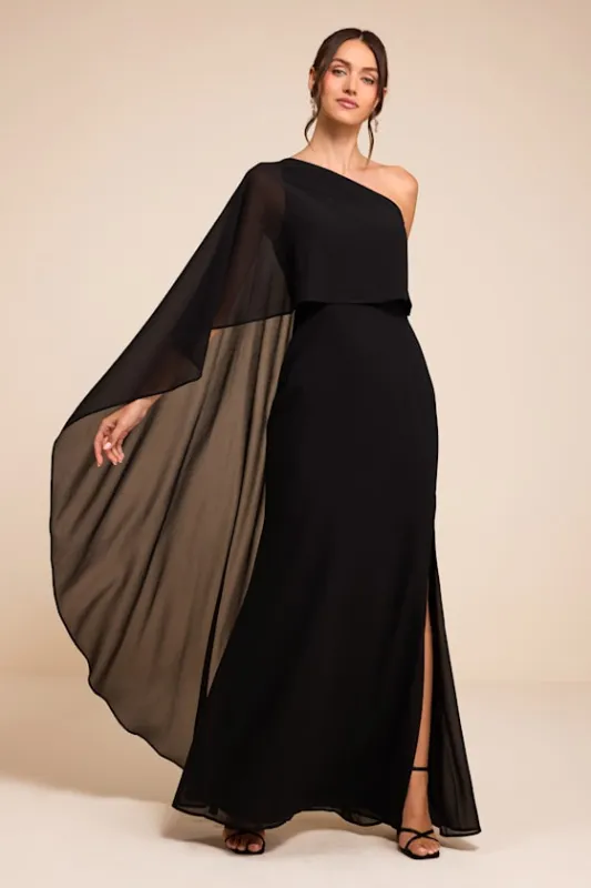 Marlowe Black One-Shoulder Cape Maxi Dress made by Lulus