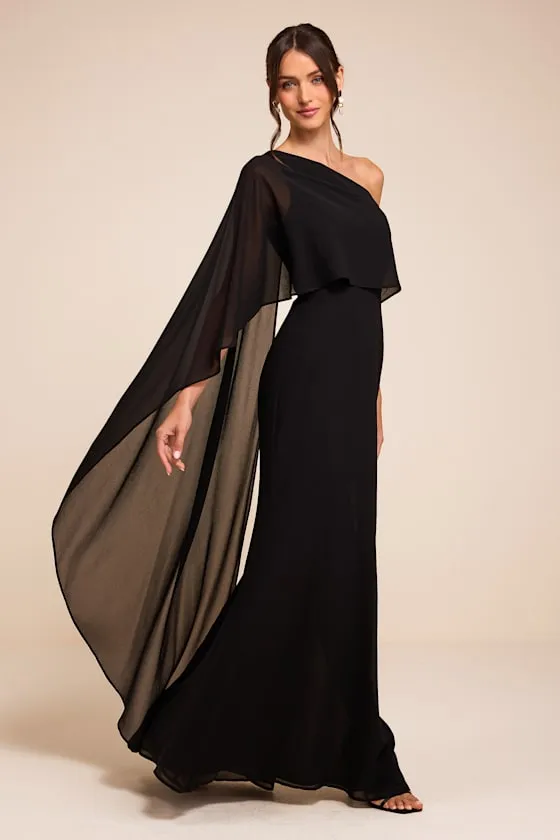 Marlowe Black One-Shoulder Cape Maxi Dress sold by Lulus product image thumbnail 4