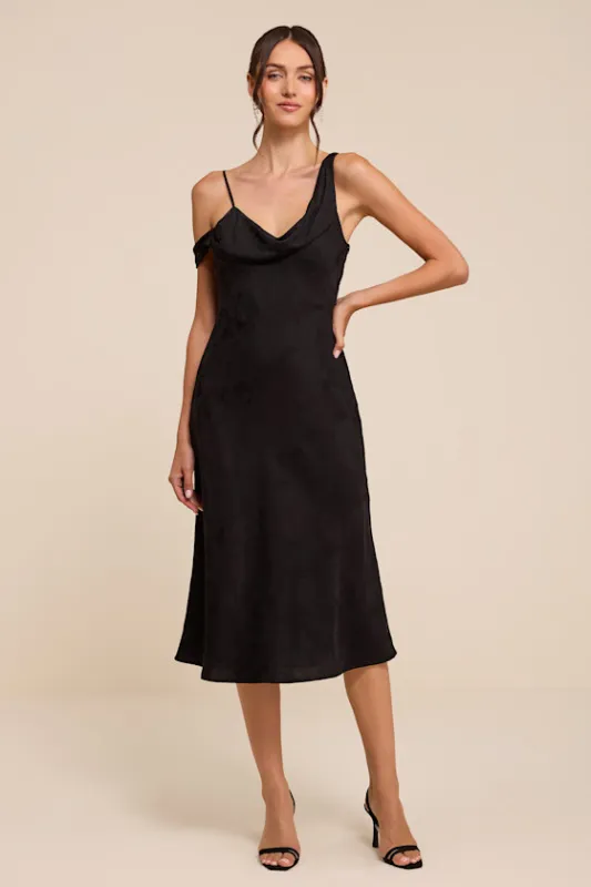 Cavani Black Satin Asymmetrical Midi Dress made by Lulus