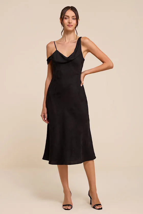 Cavani Black Satin Asymmetrical Midi Dress sold by Lulus
