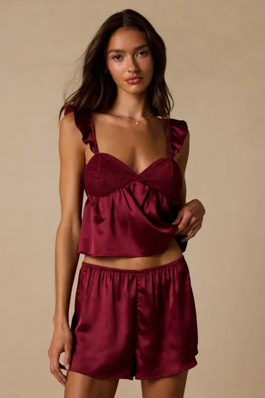 Keona Light Burgundy Satin Lace Ruffled Two-Piece Pajama Set made by Lulus