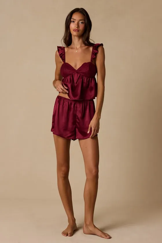Keona Light Burgundy Satin Lace Ruffled Two-Piece Pajama Set sold by Lulus product image thumbnail 2