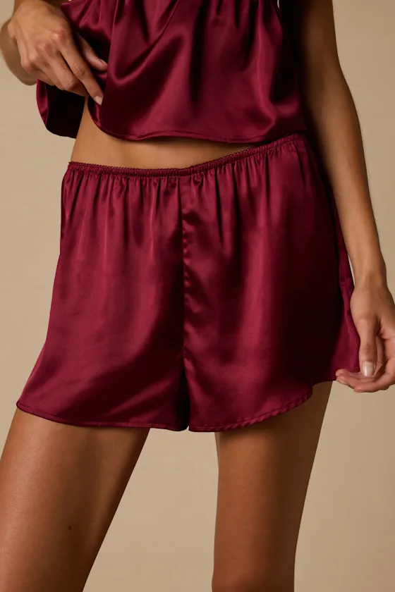 Keona Light Burgundy Satin Lace Ruffled Two-Piece Pajama Set sold by Lulus product image thumbnail 3