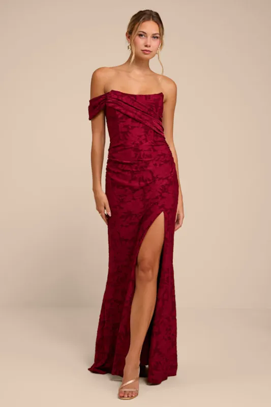 Emmeline Burgundy Burnout One-Shoulder Maxi Dress made by Lulus