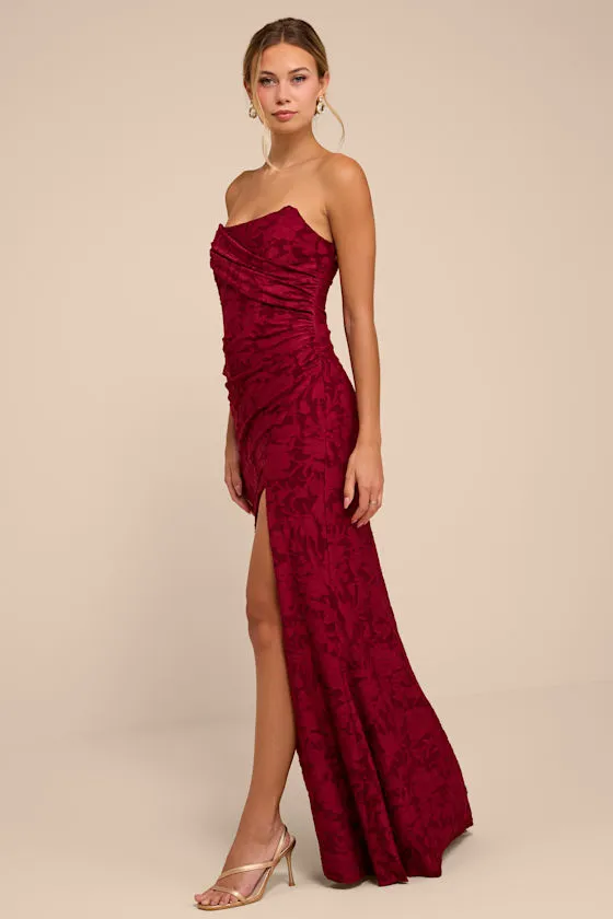 Emmeline Burgundy Burnout One-Shoulder Maxi Dress sold by Lulus product image thumbnail 4