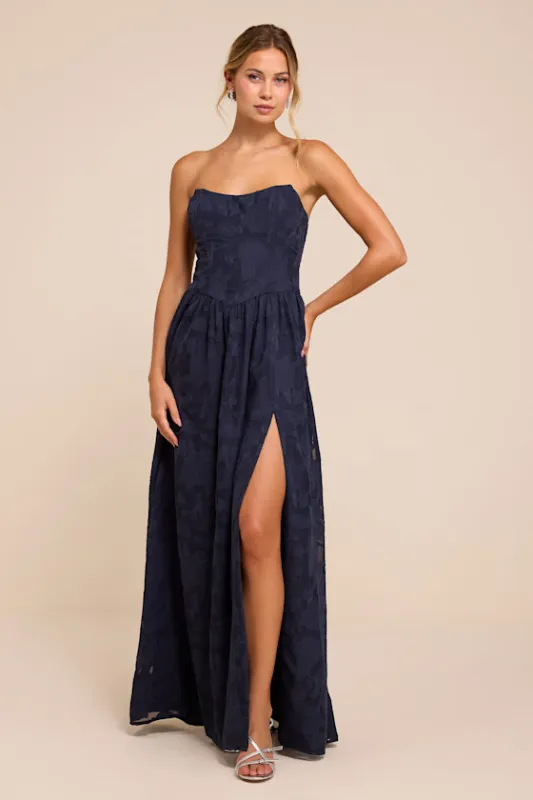Kalila Navy Blue Floral Burnout Strapless Maxi Dress made by Lulus