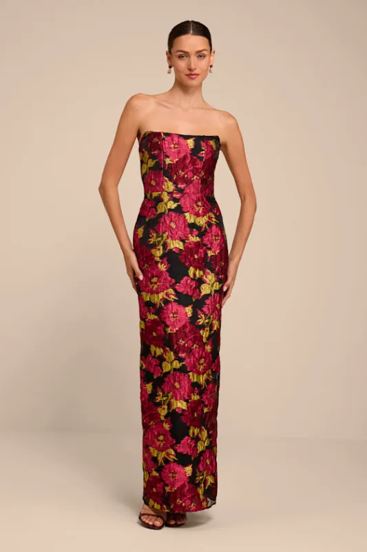 Tatianna Black Floral Jacquard Strapless Maxi Dress made by Lulus