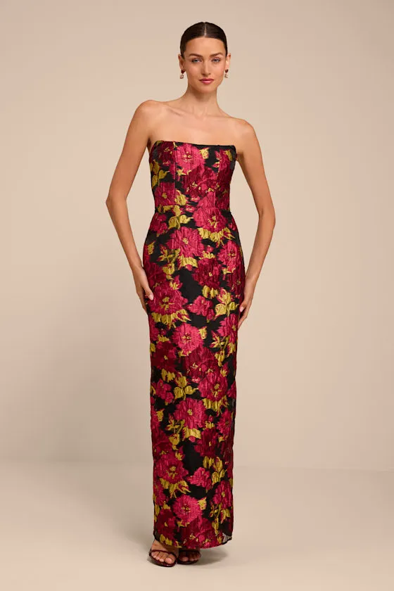 Tatianna Black Floral Jacquard Strapless Maxi Dress sold by Lulus