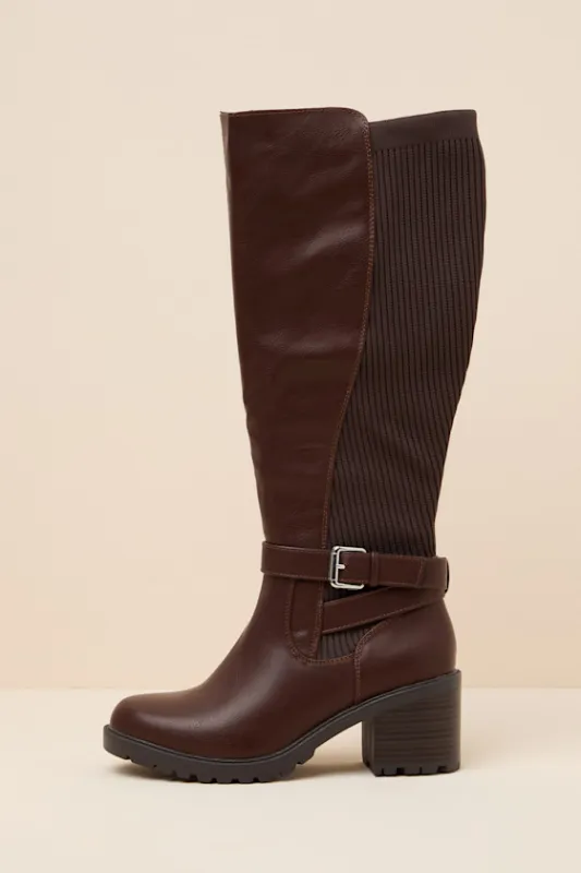 Larchmont Brown Buckle Knee-High Boots made by Lulus