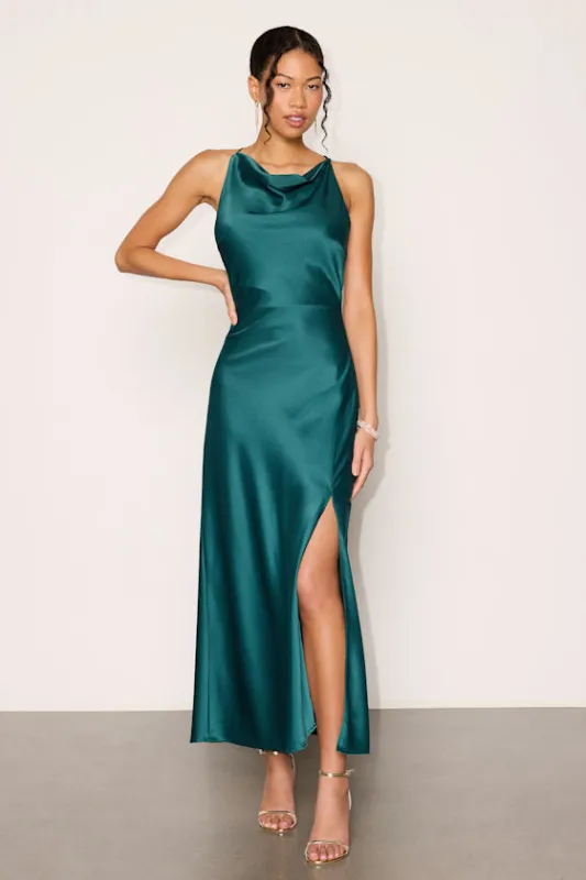 Elynne Emerald Green Satin Cowl Neck Midi Dress made by Lulus