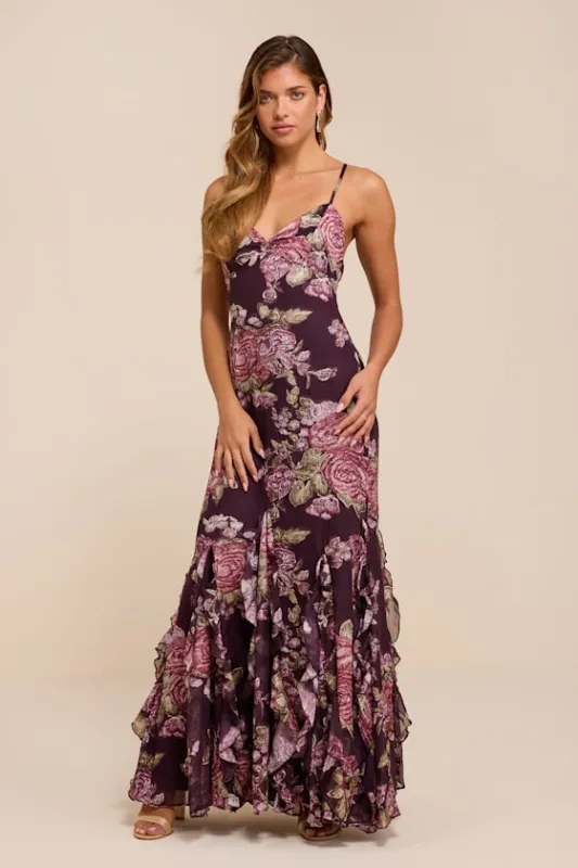 Deluca Plum Floral Burnout Sleeveless Ruffled Maxi Dress made by Lulus
