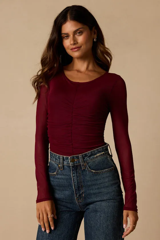 Everyday Luck Burgundy Ruched Long Sleeve Bodysuit sold by Lulus