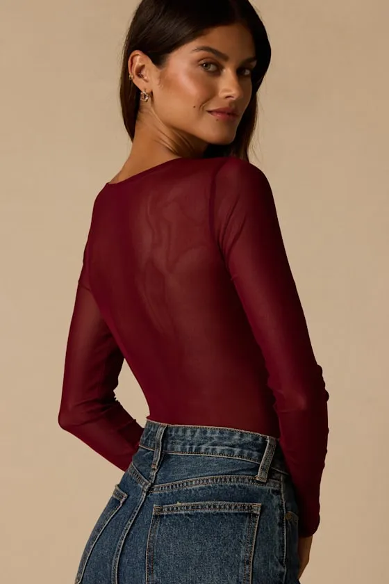 Everyday Luck Burgundy Ruched Long Sleeve Bodysuit sold by Lulus product image thumbnail 2