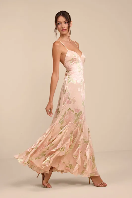 Deluca Pink Floral Burnout Sleeveless Ruffled Maxi Dress made by Lulus