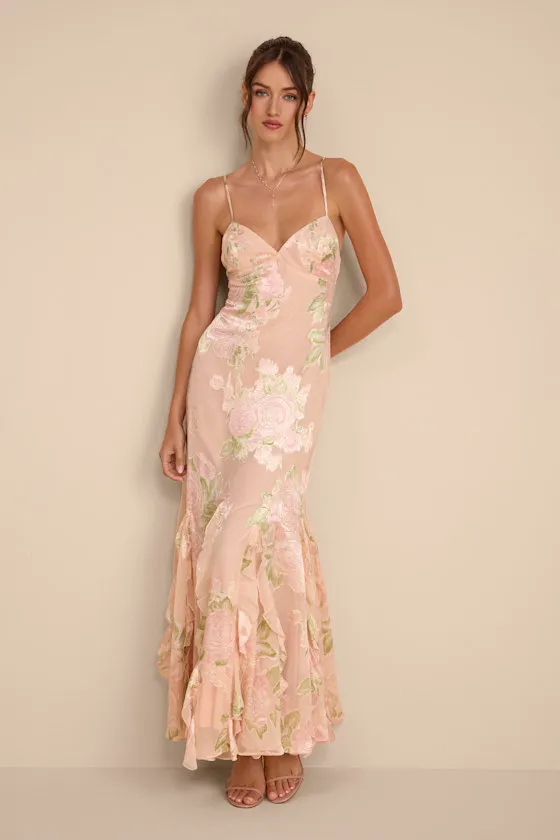 Deluca Pink Floral Burnout Sleeveless Ruffled Maxi Dress sold by Lulus product image thumbnail 4