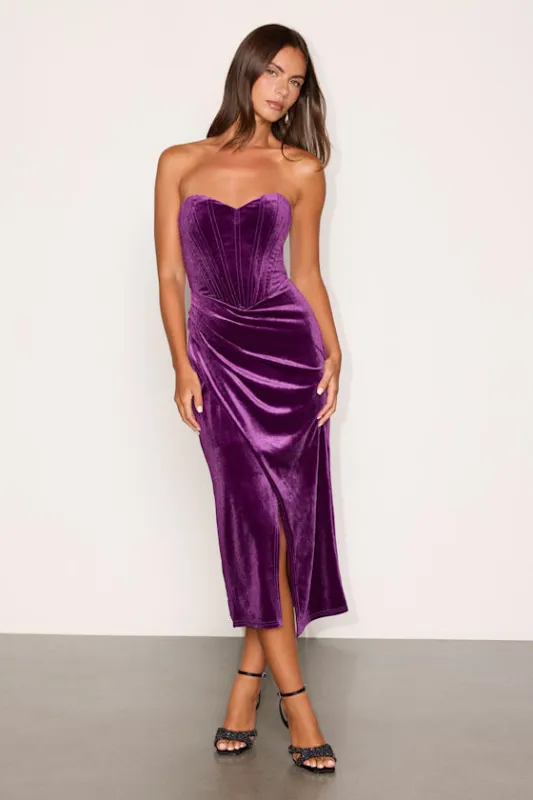 Masterfully Flirty Purple Velvet Bustier Midi Dress made by Lulus