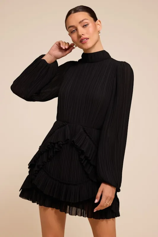 Alvana Black Plisse Long Sleeve Mini Dress made by Lulus