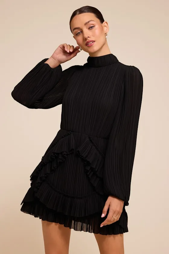 Alvana Black Plisse Long Sleeve Mini Dress sold by Lulus