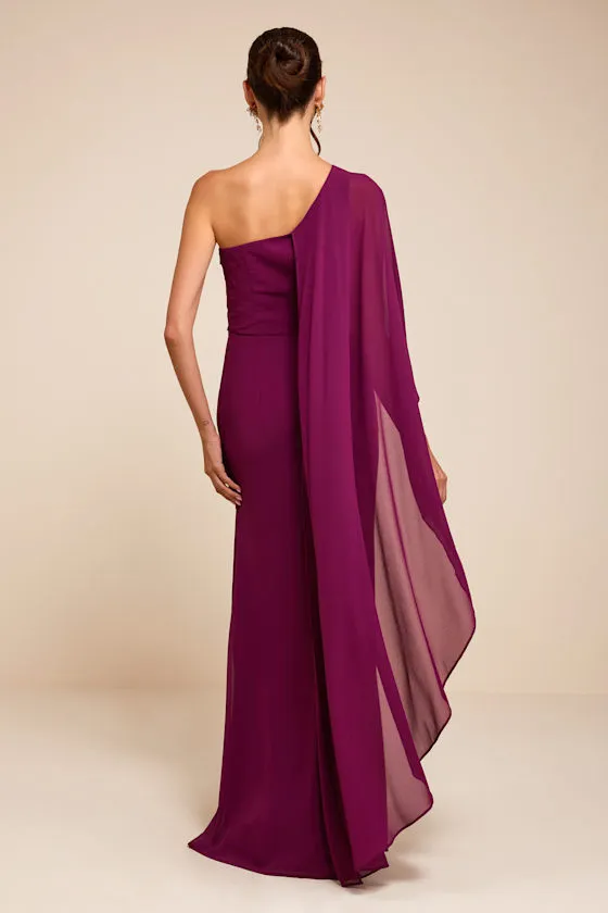 Marlowe Plum One-Shoulder Cape Maxi Dress sold by Lulus product image thumbnail 3