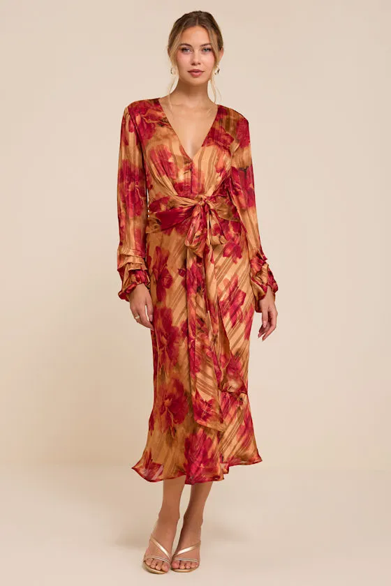 Beckett Orange Floral Long Sleeve Midi Dress sold by Lulus