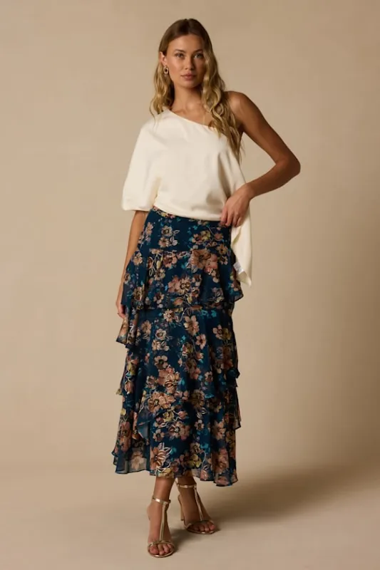 Sincere Dark Teal Floral Tiered Midi Skirt made by Lulus