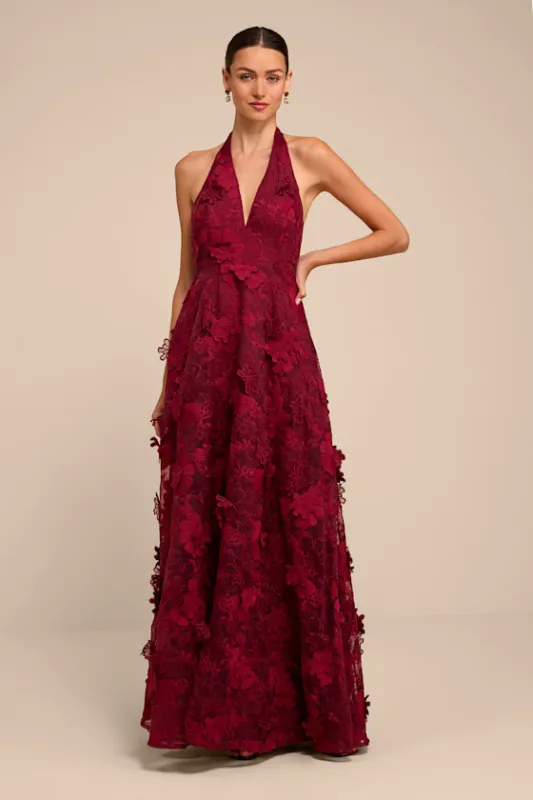 Kennia Burgundy 3D Floral Embroidered Halter Maxi Dress made by Lulus