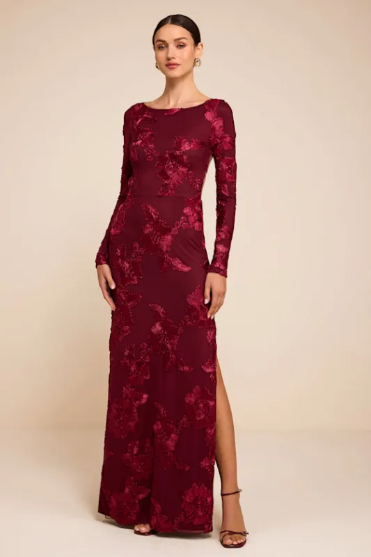 Josephine Wine Red Floral Applique Mesh Maxi Dress made by Lulus