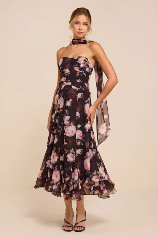 Lucien Black Floral Strapless Midi Dress & Scarf Set made by Lulus