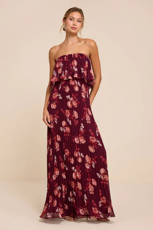 Arietta Plum Floral Pleated Strapless Maxi Dress made by Lulus
