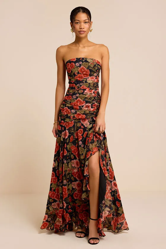 Zuri Black Floral Strapless Maxi Dress sold by Lulus