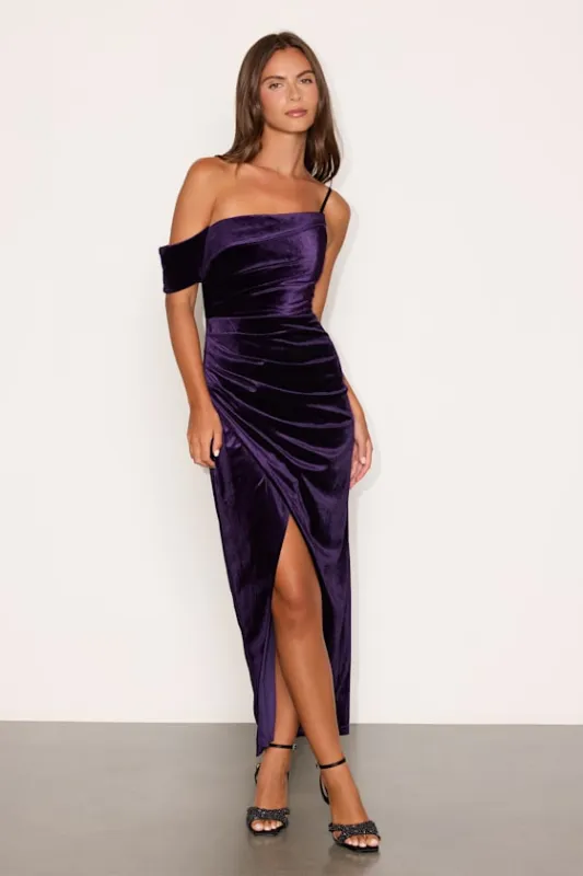 Showing Off a Little Purple Velvet Asymmetrical Tulip Midi Dress made by Lulus