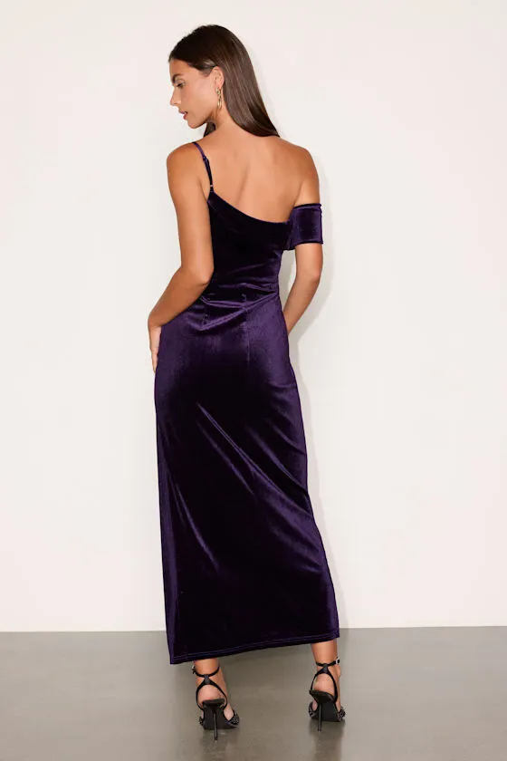 Showing Off a Little Purple Velvet Asymmetrical Tulip Midi Dress sold by Lulus product image thumbnail 3