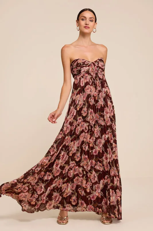 Nola Brown Floral Pleated Strapless Maxi Dress made by Lulus