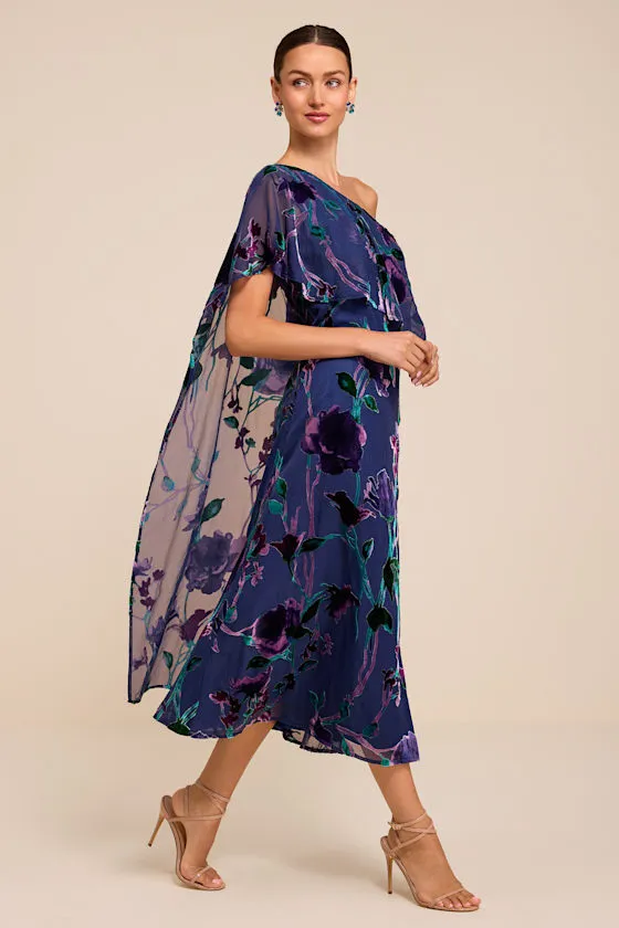 Vero Blue Floral Burnout Cape Midi Dress sold by Lulus