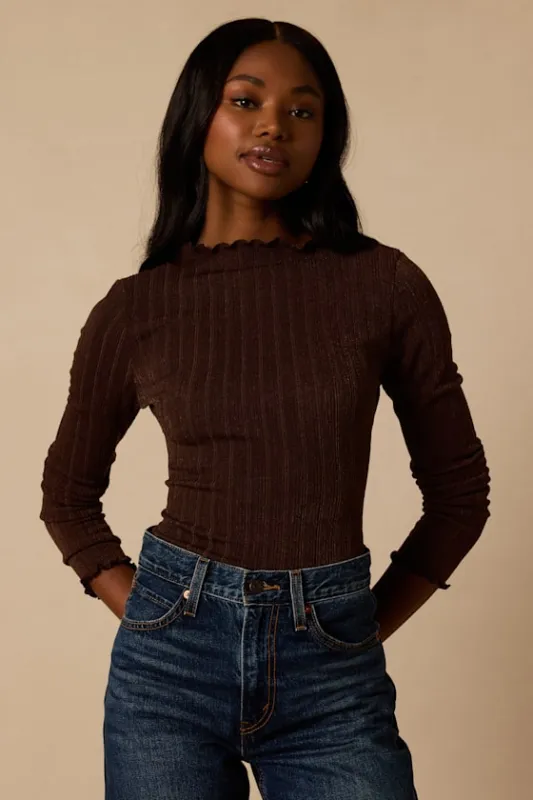 Charmed Vibes Dark Brown Ribbed Lettuce Edge Long Sleeve Top made by Lulus